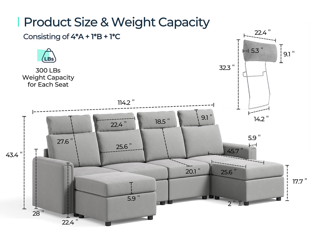 LINSY HOME Modular Sectional Sofa, Upgraded High Back Sectional Couch with 4 Headrests, U Shaped Sleeper Sofa with Storage, Sofa Covers Removable, 6 Seat Couch with Ottoman for Living Room, Grey LINSY HOME