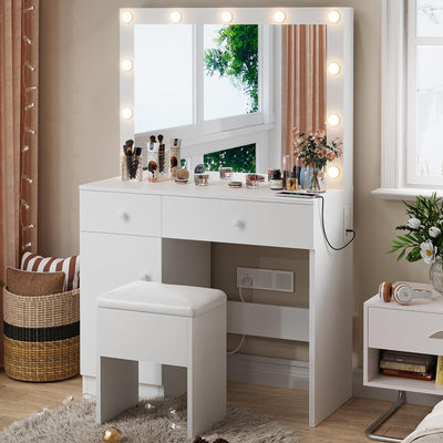 Haewon Vanity Desk with Mirror, 11 LED Lights and Power Outlet, Makeup Vanity Set with Storage Cabinet, Drawers and Chair, White Dressing Table with 3 Adjustable Light Modes for Bedroom