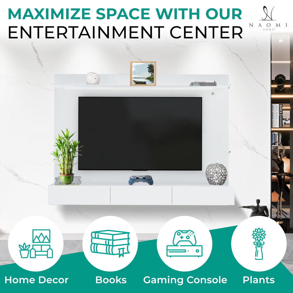 Modern Freestanding Floating Entertainment Center Floating TV Stand Wall Mounted TV Wall Panel for 75 inch TVs Home Theater with LED Strip Pull - Out Drawers and Overhead Shelf White Naomi Home