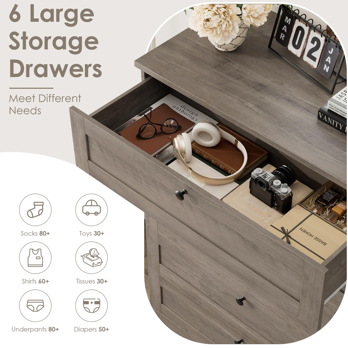 HOSTACK 6 Drawer Dresser for Bedroom, 52" Tall Dresser & Chest of Drawers, 29" W Wood Dresser Drawer Chest, Modern Vertical Dresser Storage Cabinet for Living Room, Entryway, Hallway HOSTACK