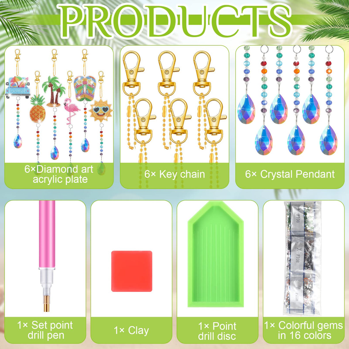 Wesiti 6 Pcs Summer Diamond Art Kits Double Sided Diamond Art Suncatchers Painting Wind Chimes Hanging Ornaments with Crystal Pendant for Adults Kids Summer Beach Home Window Decor DIY Craft Wesiti