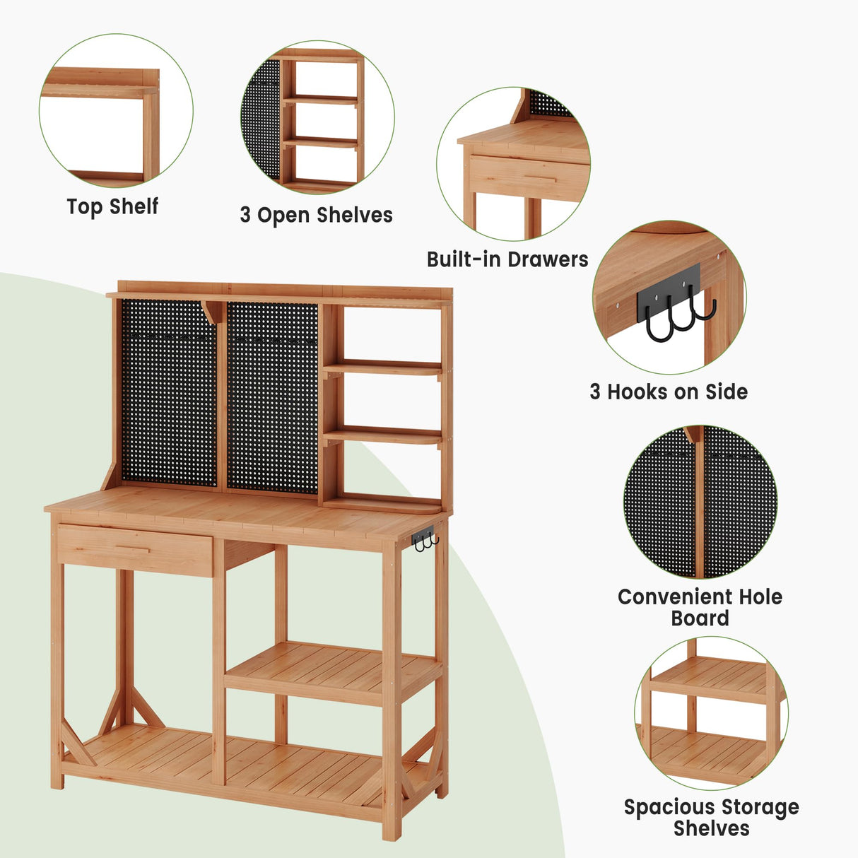 Wooden Potting Benches for Outside, Large Garden Potting Table with Drawers, Outdoor Work Bench with Storage, Holey Board and Hooks, Garden Plant Workbench Patio Workstation for Backyard, Natural Hipicute
