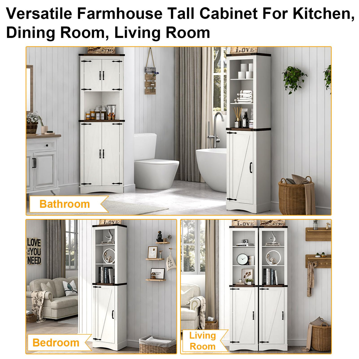 Hlivelood 68" Tall Farmhouse Bathroom Storage Cabinet, 5-Shelf Storage Cabinet with Barn Door&Adjustable Shelves, Linen Tower Cabinet with Storage for Bathroom, Kitchen, Living Room, Rustic White Hlivelood