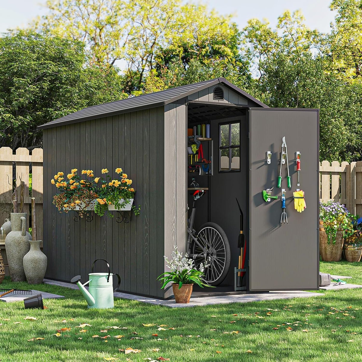Patiowell 4x8 FT Outdoor Storage Shed with Floor & Windows, Lockable Resin Tool Shed for Garden, Backyard, Patio, and Lawn Equipment - Easy Assembly, All-Weather Protection, Gray (Fit-it Shed) Patiowell
