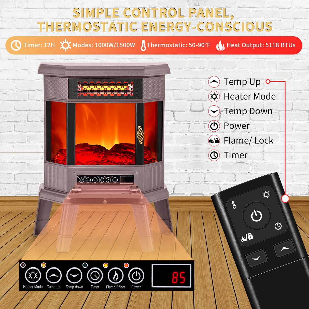 RealSmart Electric Fireplace Heater 22 in Freestanding Fireplace Stove Infrared Fireplace with 3D Flame Effect Remote Control, Timer, Overheating Protection Heater for Indoor Use Brown RealSmart