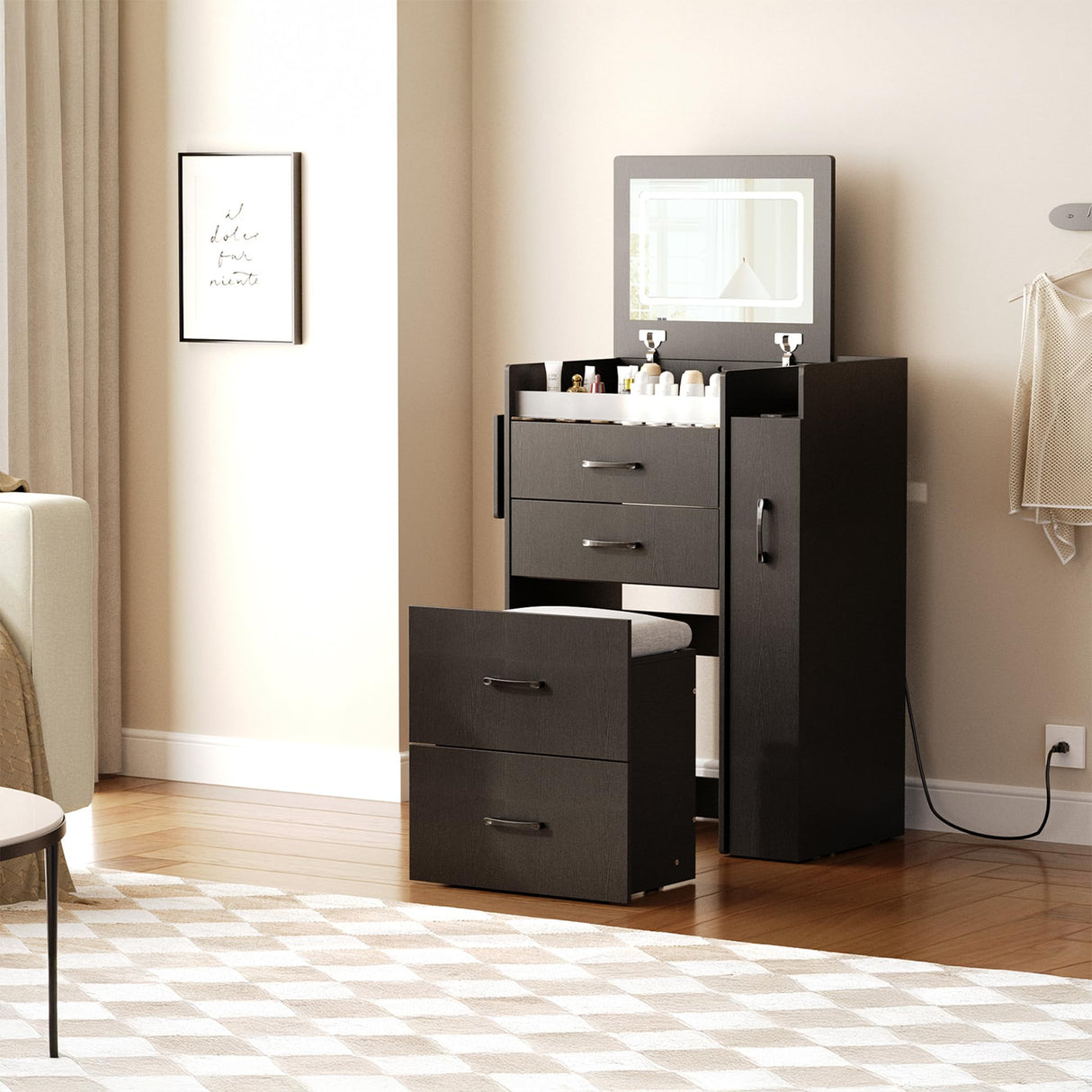 Herture 3 in 1 Vanity Desk with Flip Top Mirror, LED Lights, Side Cabinet,Collapsible Desk Panel, Hidden Stool with Storage, Small Makeup Vanity Table with Power Outlets, Compact Vanity, Black PT01DTB Herture