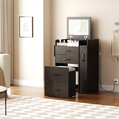 Herture 3 in 1 Vanity Desk with Flip Top Mirror, LED Lights, Side Cabinet,Collapsible Desk Panel, Hidden Stool with Storage, Small Makeup Vanity Table with Power Outlets, Compact Vanity, Black PT01DTB