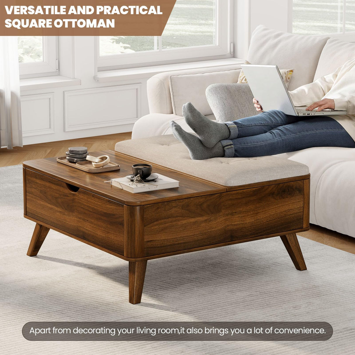 VOPEAK Storage Ottoman Coffee Table with Lift Top, Modern Square Coffee Table with Hidden Storage, Cotton and Linen Fabric Upholstered Ottomans, Cocktail Footrest Ottoman for Living Room, Walnut Brown VOPEAK