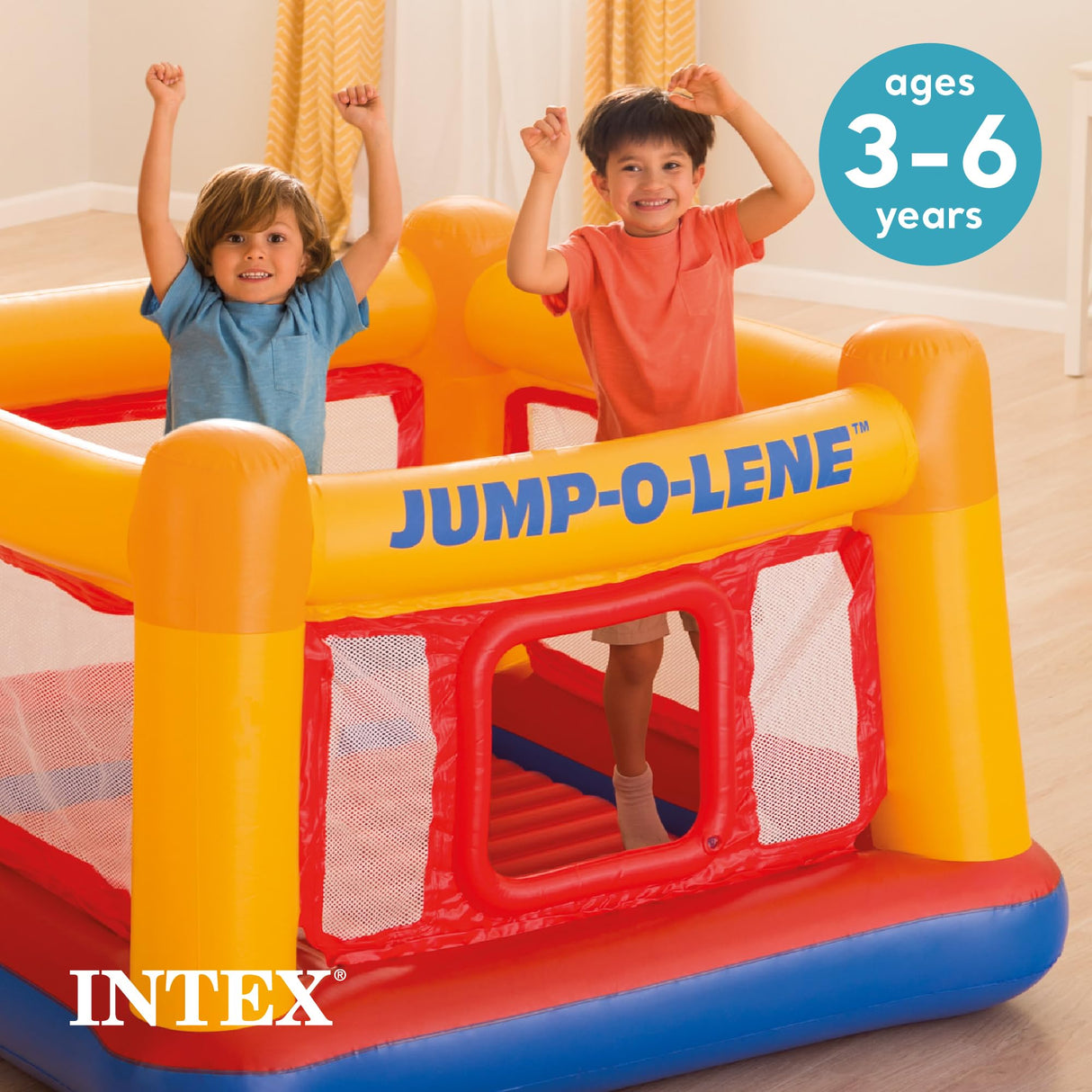 Intex Inflatable Jump-O-Lene Trampoline Bounce House with Crawl-Thru Door & Net - Indoor & Outdoor Backyard Blow-Up Bouncy Playhouse for Kids Ages 3-6 Intex