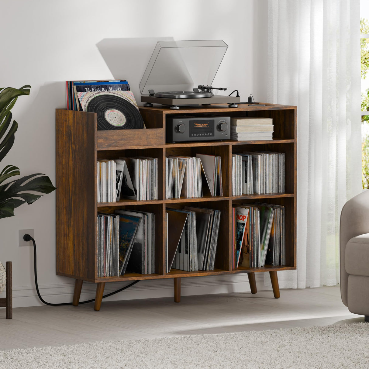 Cozy Castle Large Record Player Stand, Vinyl Storage Cabinet Mid Century Modern Turntable Stand Media Console Table Open Shelf Cube CD Album Holder Organizer for Living Room, Office, Rustic Brown Cozy Castle