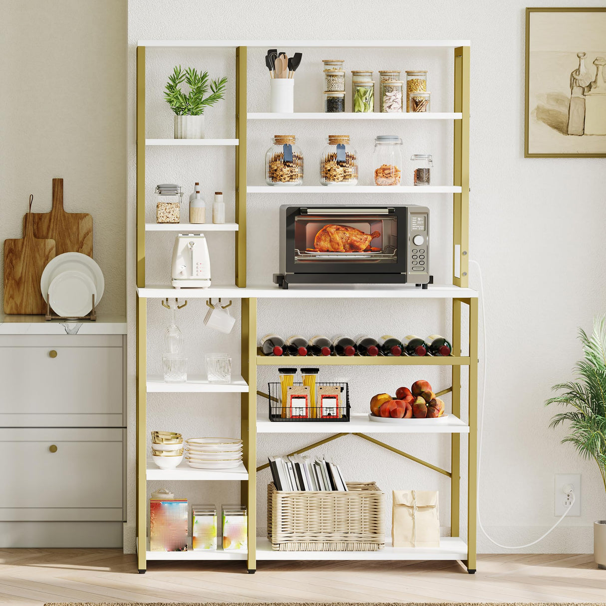 YITAHOME Kitchen Microwave Stand Bakers Rack Coffee Bar with Power Outlet, 39 Inch Large Freestanding Tall Dining Room Storage Shelves for Wine Liquor with Cup Holder, White Gold YITAHOME