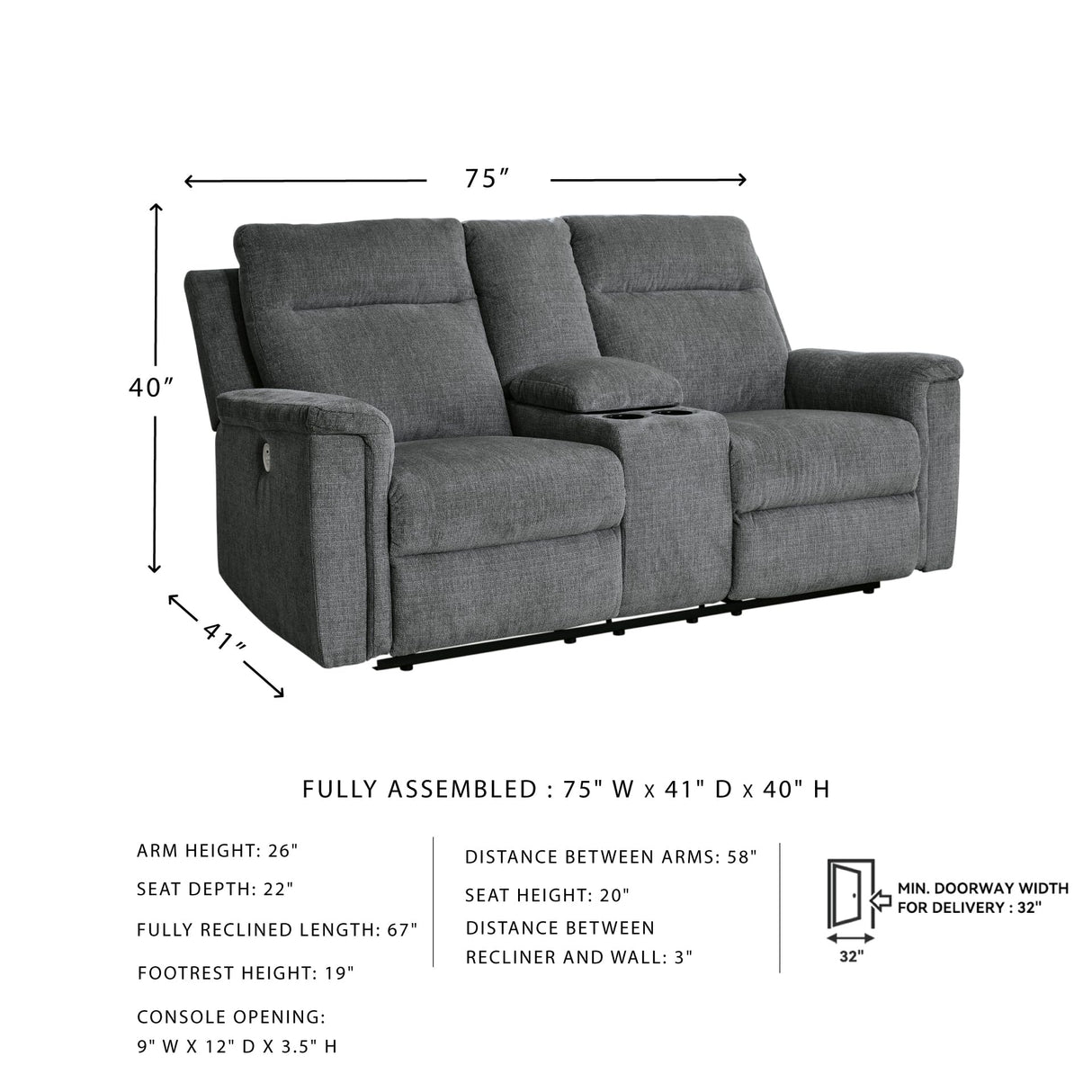 Signature Design by Ashley Barnsana Minimalist Power Reclining Loveseat with Console and USB Charging Ports, Gray Signature Design by Ashley