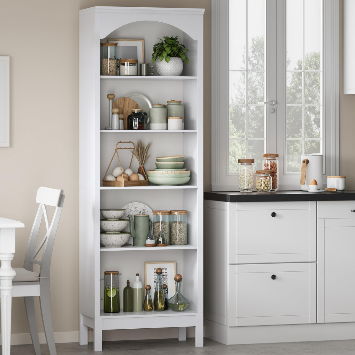 Arched Bookshelf with 5 Tier Open Shelves, 71" Tall Wood Bookcase with Adjustable Shelves, 24" Wide Floor Standing Display Storage Shelf for Home Office, Kitchen, Study and Living Room, Modern White jmhdyg