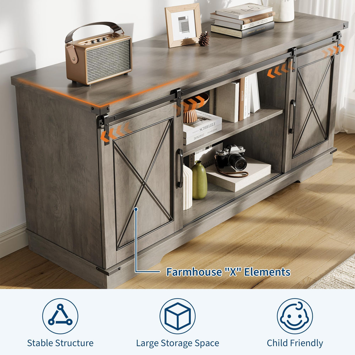 Farmhouse TV Stand for TVs Up to 65", Rustic Entertainment Center with Sliding Barn Doors, Storage Cabinets & Adjustable Shelf, Media Console for Living Room, Bedroom, Grey GAOMON