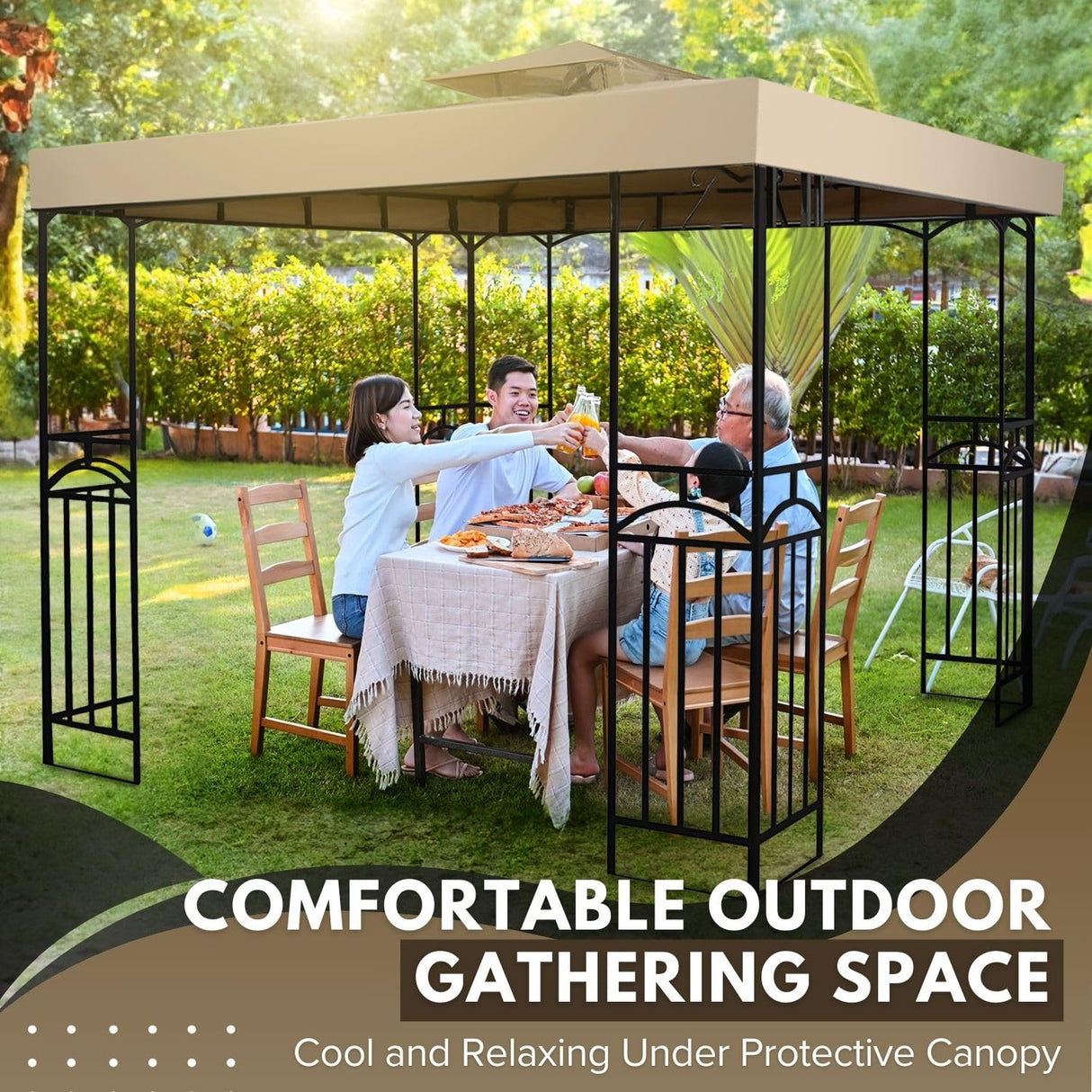 Flexzion 10'x10' Gazebo Replacement Canopy Top Cover (Beige) - Dual Tier with Plain Edge Polyester UV30 Water Resistant for Outdoor Garden Patio Pavilion Sun Shade Flexzion