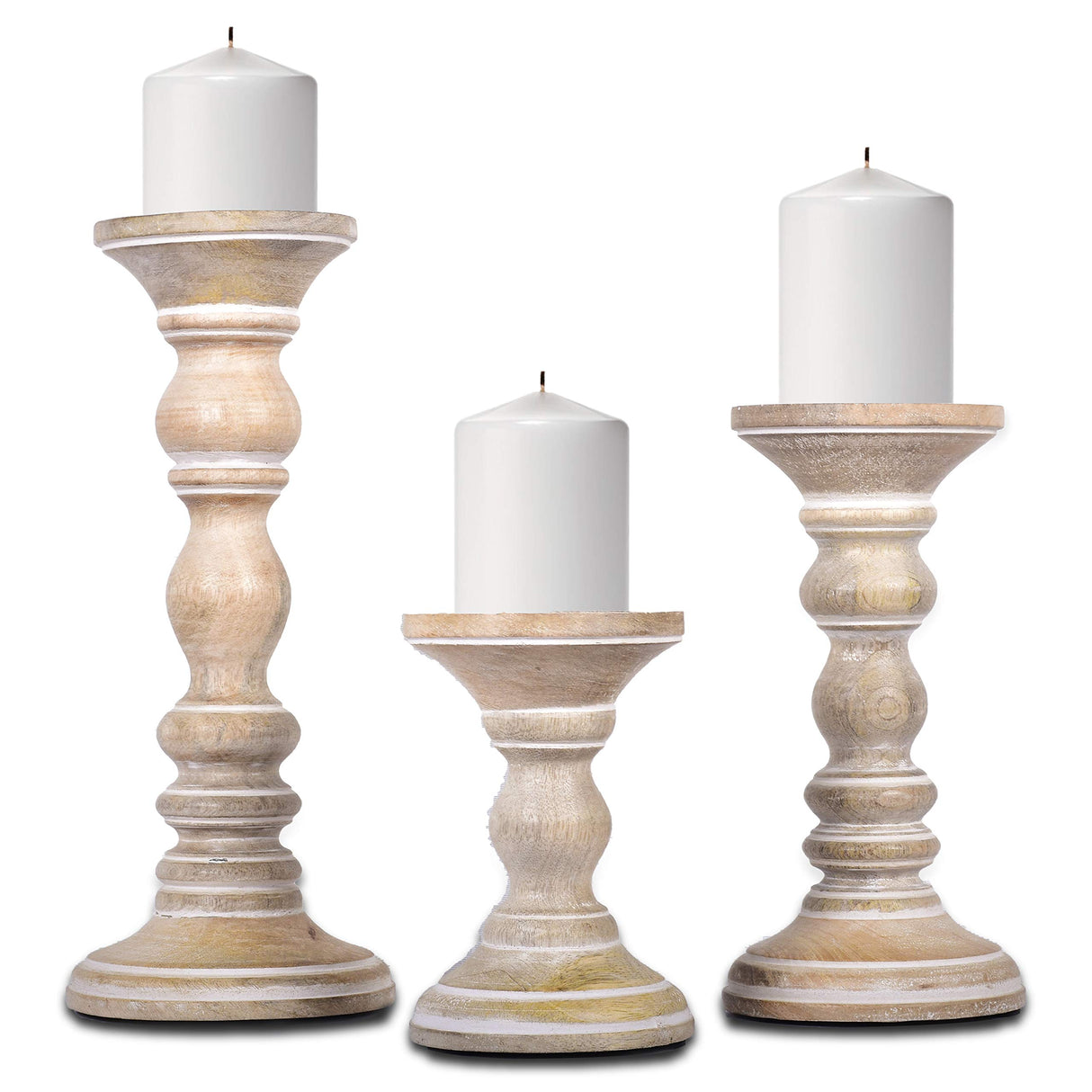 Mela Artisans Whitewash Wood Candle Holders for Pillar Candles Set of 3 | Willow Decor Style for Mantles | White Mango Wood Farmhouse Candle Holders | Rustic Wooden Candleholder | Sized 6", 9" and 12" Mela Artisans