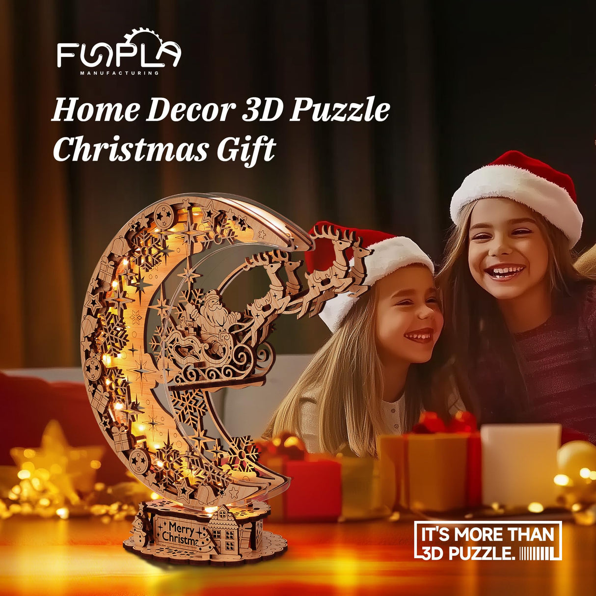 FUNPOLA LED 3D Wooden Puzzle Christmas Night Flight Moon Lamp, DIY Craft Kit Festive Nightlight for Holiday Décor, Unique for Adults and Kids,Brown FUNPOLA