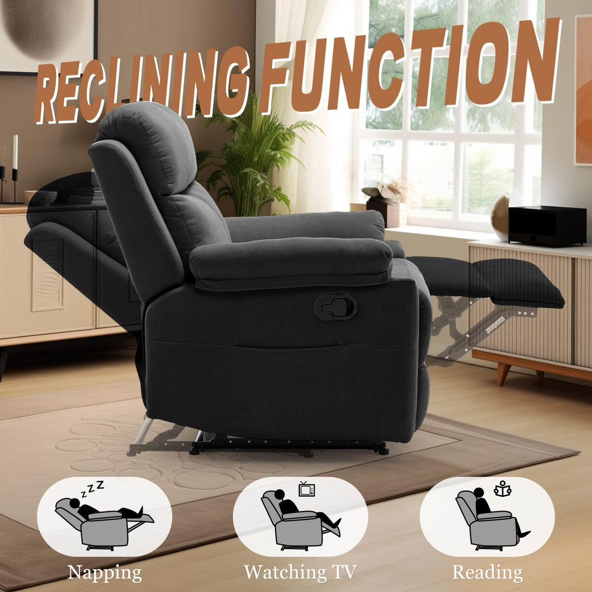 Recliner Chair for Adults, Small Recliner Chair for Small Spaces, Upholstered Corduroy Manual Recliner with Side Pockets, Reclining Chair for Living Room, Nursery, Black Korser