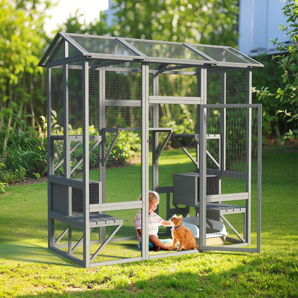 TIMHAKA 72 Inch Cat Catio, Large Catio Outdoor Cat Enclosure with Sunshine Panel Roof and Waterproof Cover, Walk-in Wooden Cat House for Patio with 7 Platforms & 2 Resting Box, Grey Feral Kitten Cage TIMHAKA