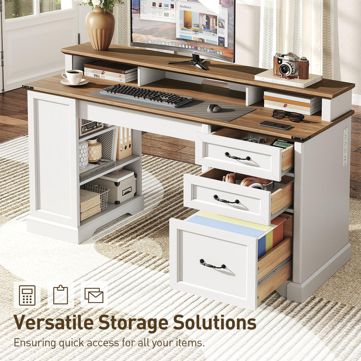 RALGEND 55'' Farmhouse Executive Desk with Drawers, Computer Desk with File Cabinet and Side Bookshelf, Writing Gaming Desk with Monitor Stand & Charging Station, White and Walnut RALGEND