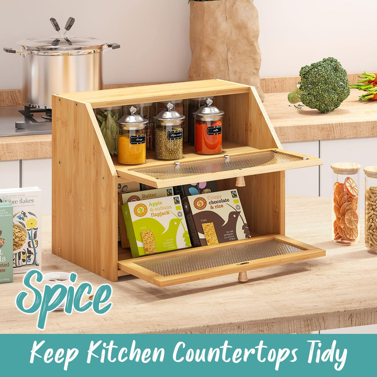 Vriccc Large Bread Box, Bamboo Wood Bread Box for Kitchen Counter, Double-layer Bread Storage Bin, Acrylic glass with Diamond Patterns Vriccc