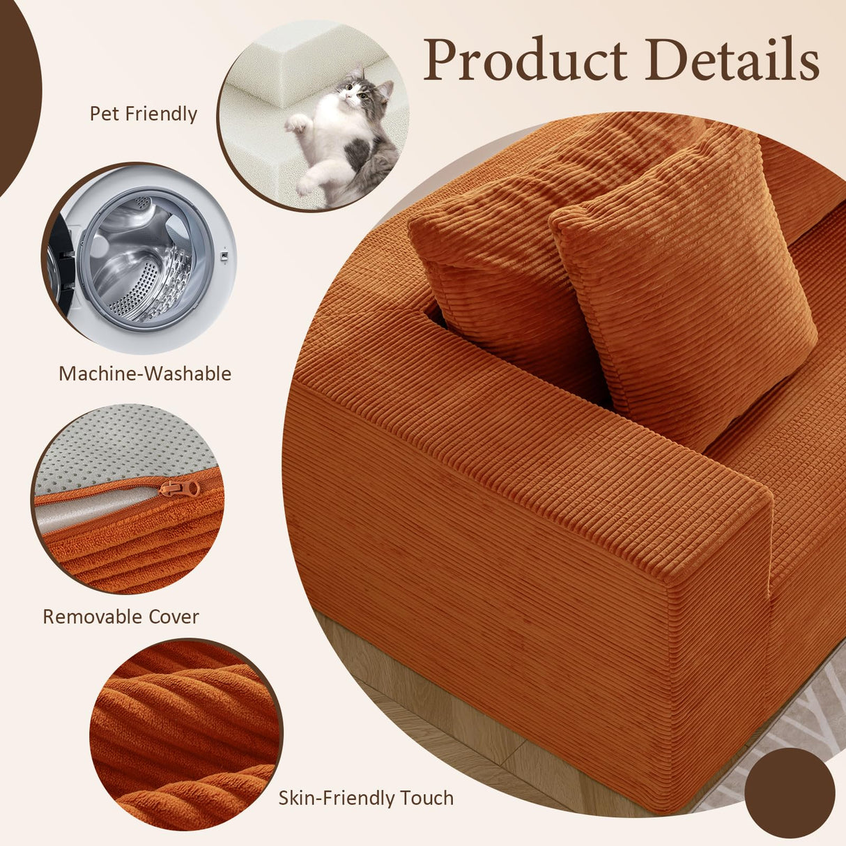 INGEROOM 108" Cloud Sectional Couch with L-Shape Chaise, Modular Sofa Memory Foam, Boneless Sofa with Movable Ottoman, Upholstered Couches for Living Room Bedroom, No Assembly Required, Orange INGEROOM