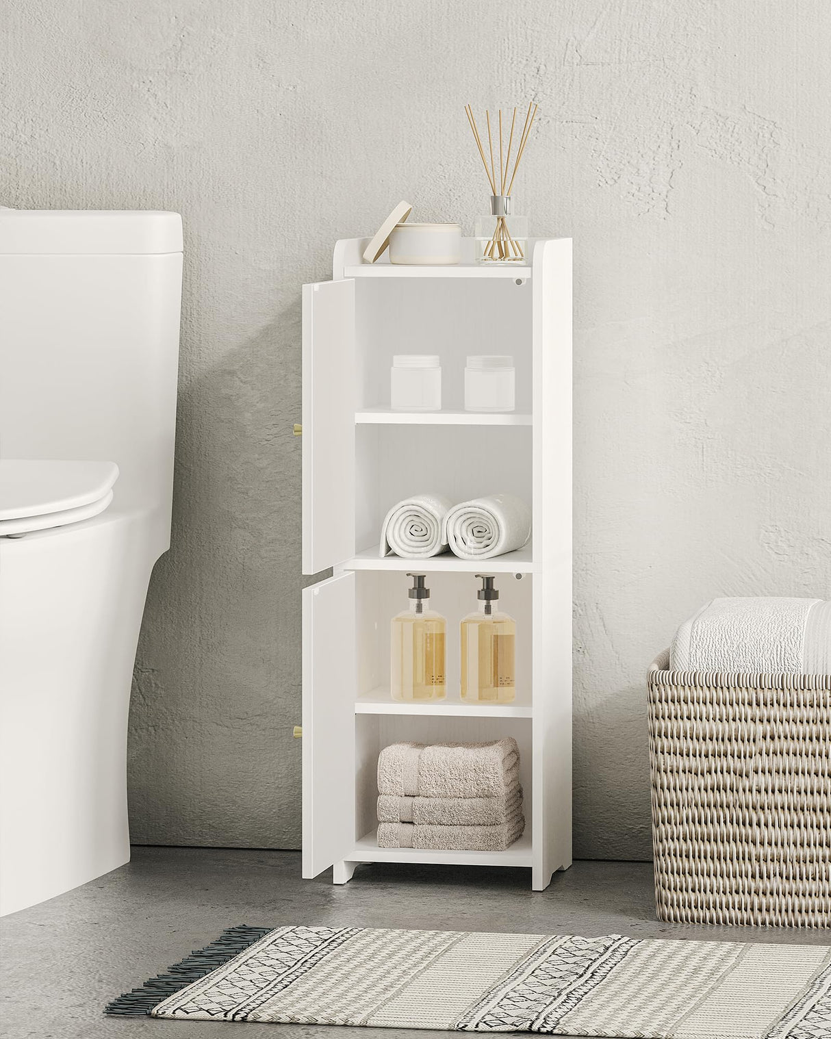 Hzuaneri Bathroom Storage Cabinet, Corner Floor Cabinet with 2 Doors and Adjustable Shelf, Narrow Toilet Paper Cabinet, Bathroom Organizer for Small Spaces, White BC19913X Hzuaneri