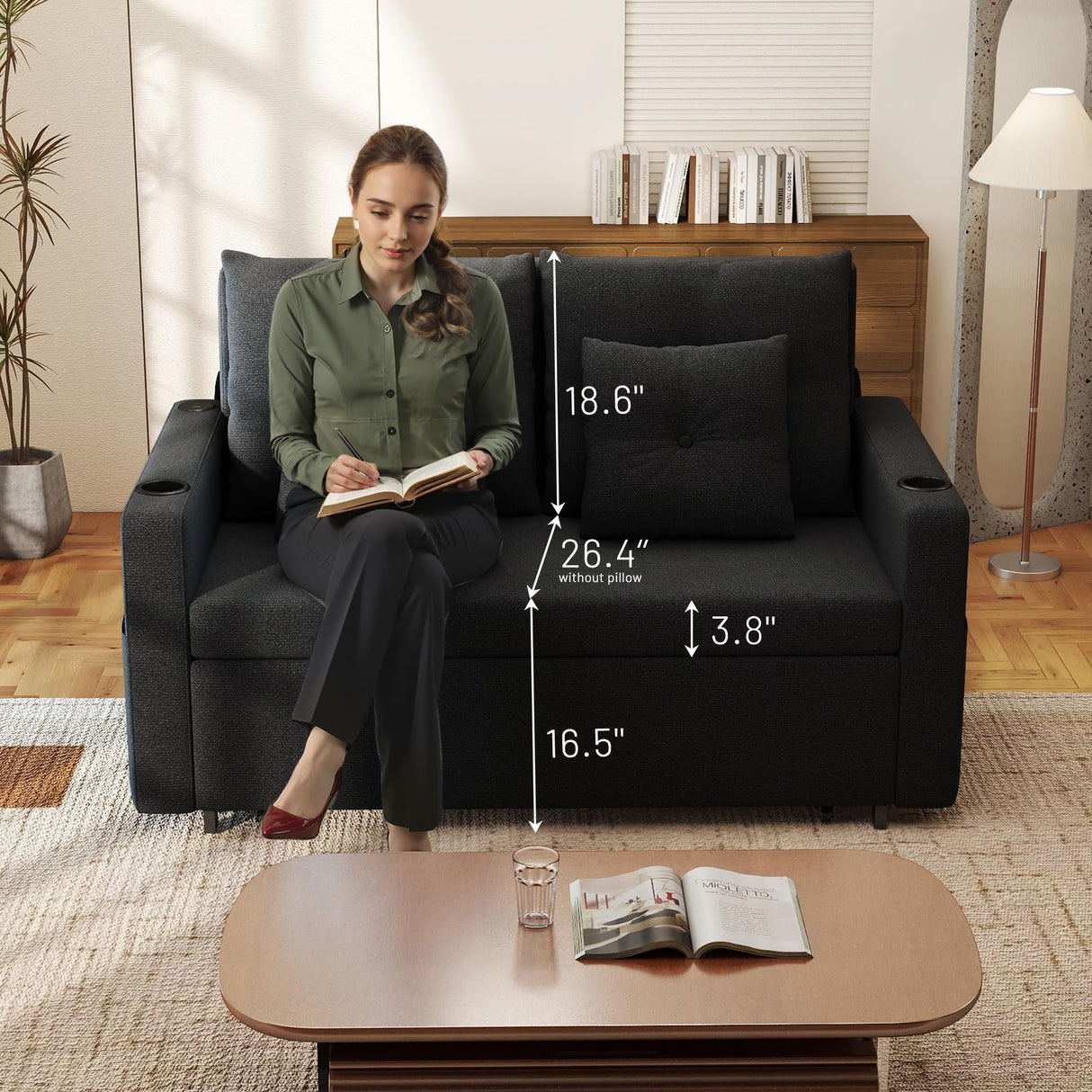 Krcix 3 in 1 Sofa Bed, 56 Inch Convertible Pull Out Couch, Loveseat Sleeper Sofa with Cup Holders, USB, Couch Bed for Living Room, Bedroom, Apartment, Black Krcix