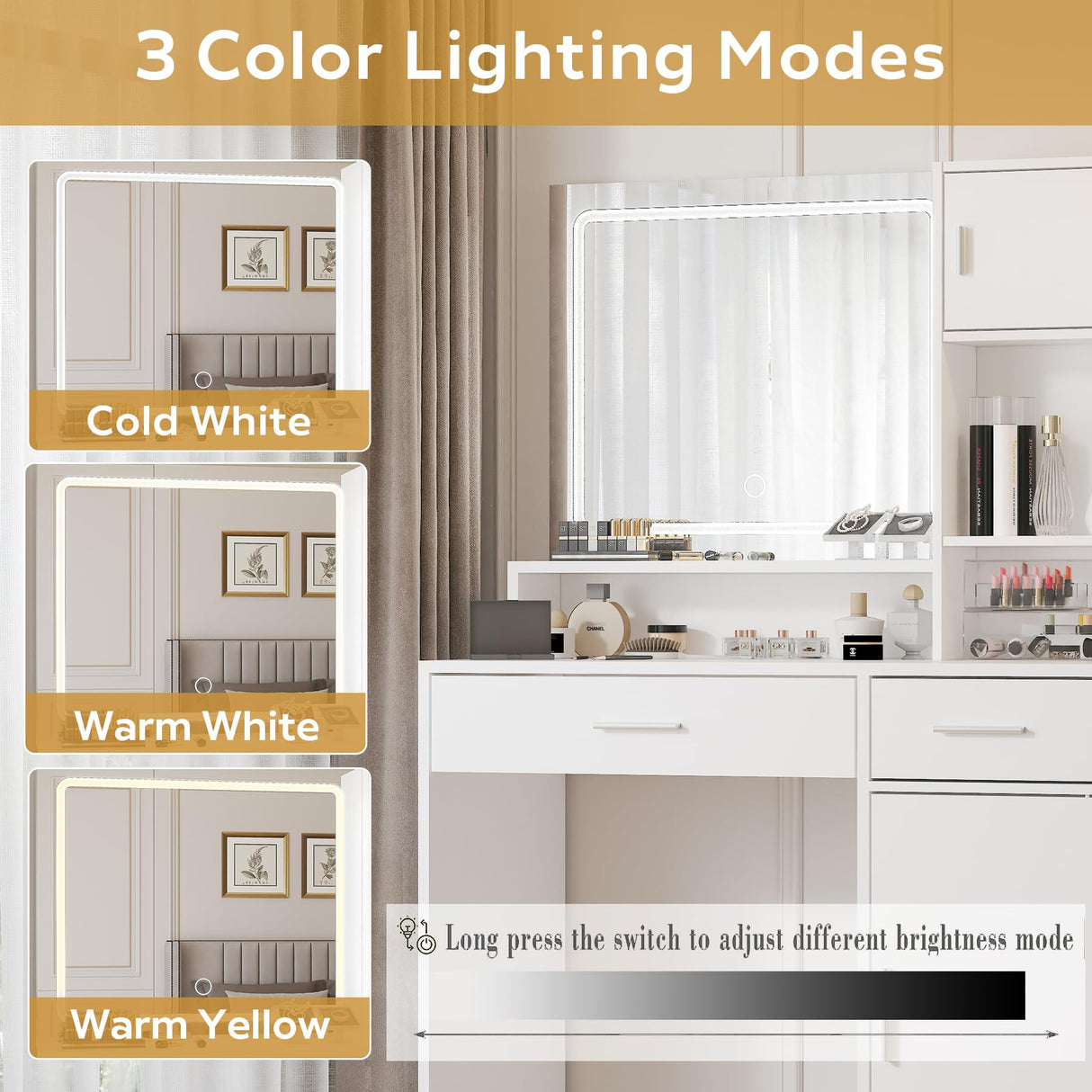 MIRROTOWEL Vanity Desk with Mirror and LED Light Strip,Dressing Table with Large Drawer, 3 Level Storage Dresser & 3 Lighting Modes Adjustable Brightness, Suitable for Bedroom MIRROTOWEL