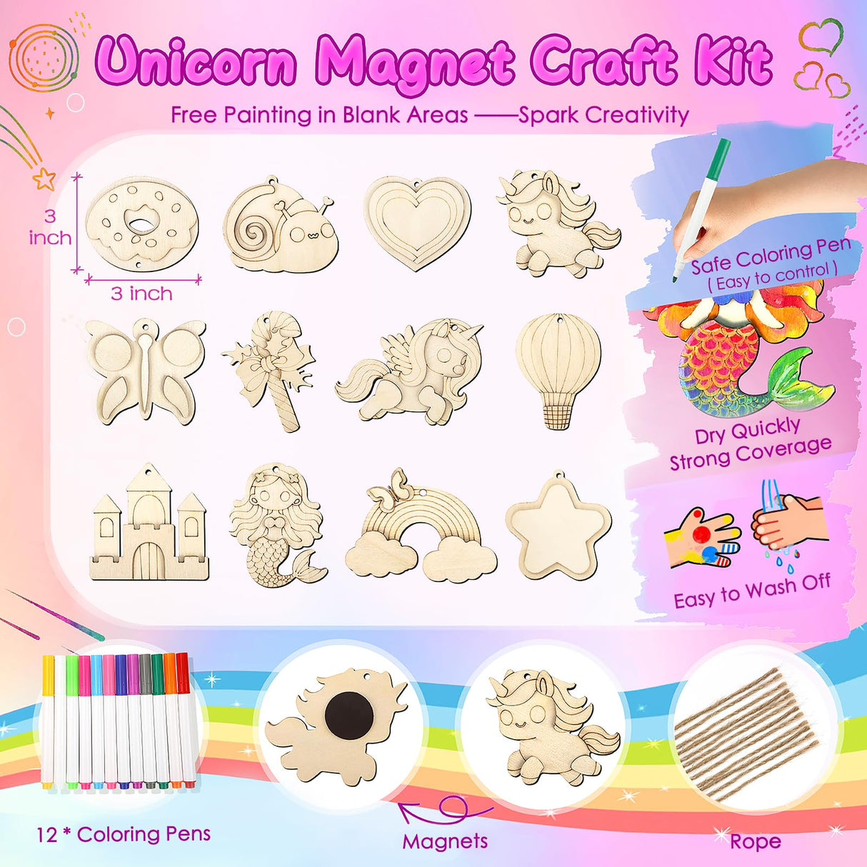 12 DIY Unicorn Wooden Magnets, Halloween Crafts for Kids Art Craft Supplies Painting Kits for Girls Boys Ages 4-8 8-12 Halloween Party Favors Basket Goodie Bag Stuffers Crafts Decoration Unicorn Gifts Gadetouq