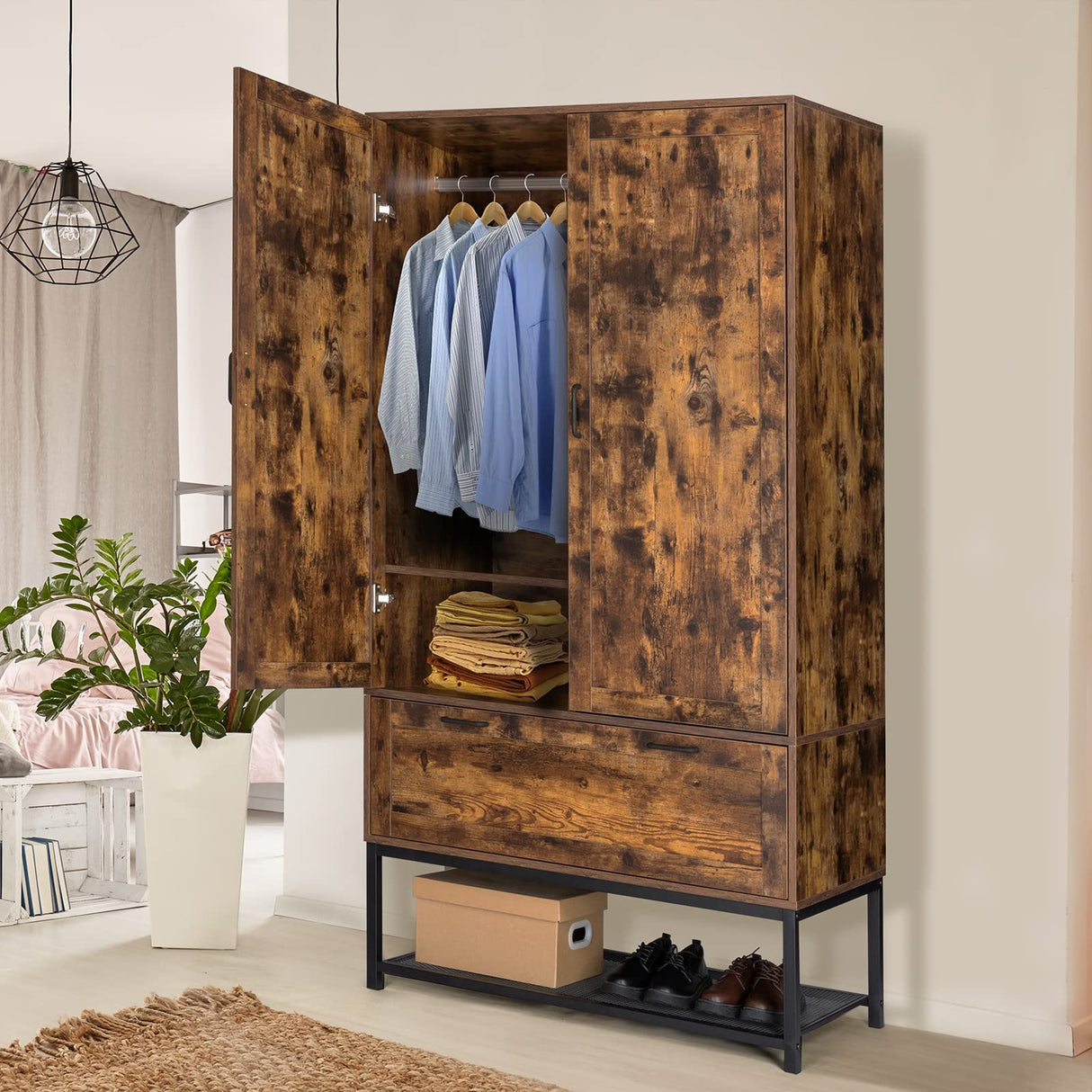 VINGLI Armoire, Wardrobe Closet with Hanging Rod, Bedroom 71" Freestanding Wardrobe Cabinet with Doors, Adjustable Shelves and Drawer, Open Compartment, Rustic Brown VINGLI
