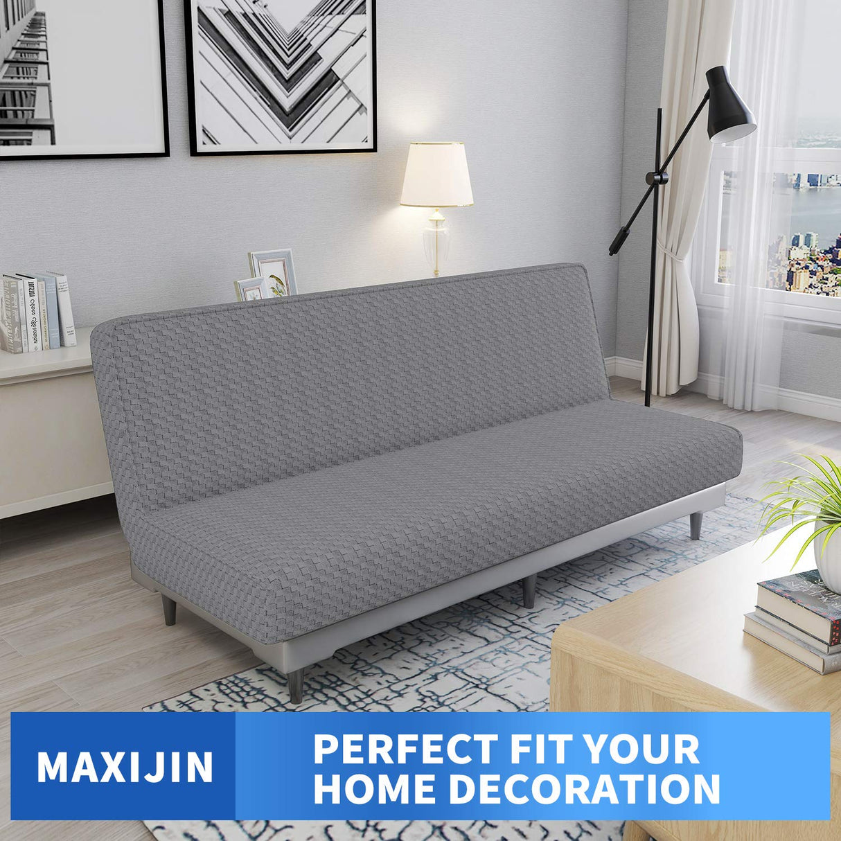 MAXIJIN Jacquard Futon Cover Stretch Armless Futon Sofa Cover Soft Futon Slipcover with Elastic Bottom Thick Sofa Bed Furniture Protector Covers for Washable Futon (Futon, Light Gray) MAXIJIN