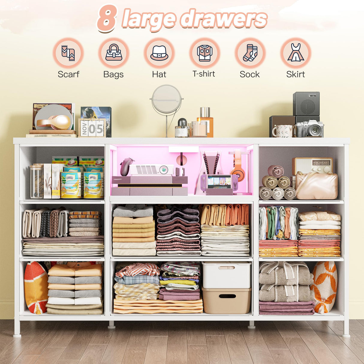 White Dresser TV Stand for 55'' with LED Lights & Charging Station, Dresser for Bedroom with 8 Drawer, Chest of Drawers with Open Shelves, 6 Adjustable Feet, Hallway, Entryway EnHomee