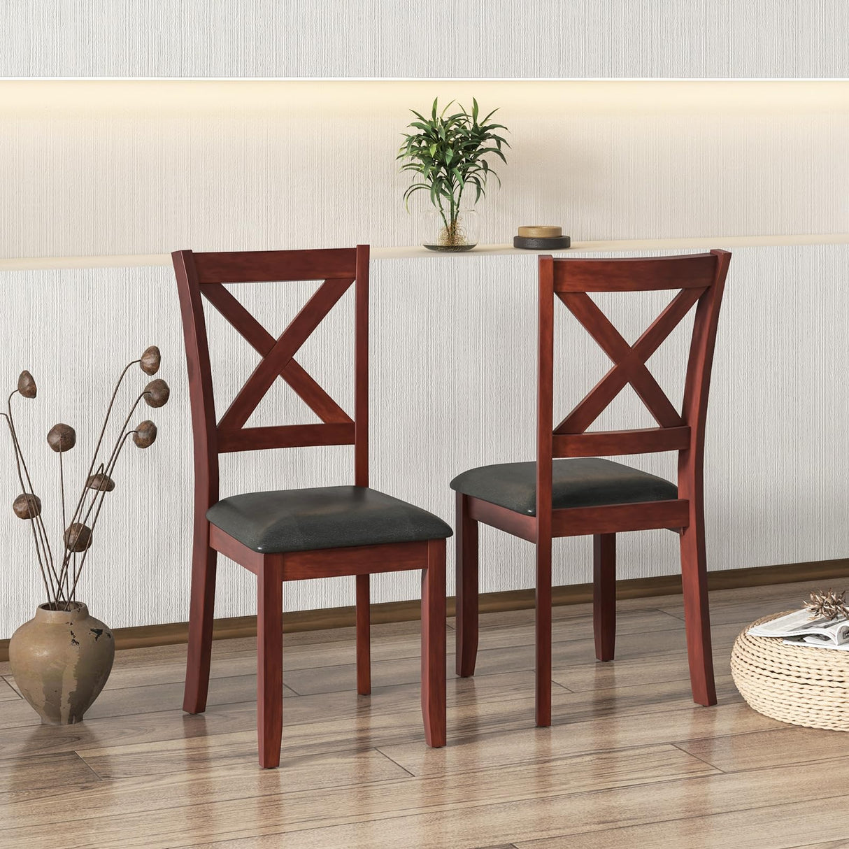 Giantex Wood Dining Chairs Set of 4, Faux Leather Upholstered Dining Chairs with Rubber Wood Legs, Vintage Kitchen Chair w/Padded Seat, Max Load 355 Lbs, Farmhouse Armless Wooden Dining Room Chair Giantex