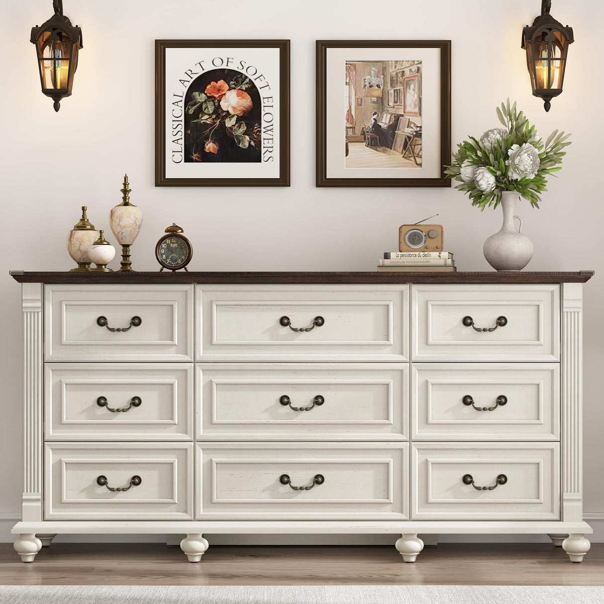 St.Mandyu Farmhouse 9 Drawer Dresser for Bedroom with 6 Gourd Feet and Roman Column Decor, 63in Wide Wood Country Rustic Chest of Drawers, Storage Dressers for Bedroom, Living Room, Rustic White St.Mandyu
