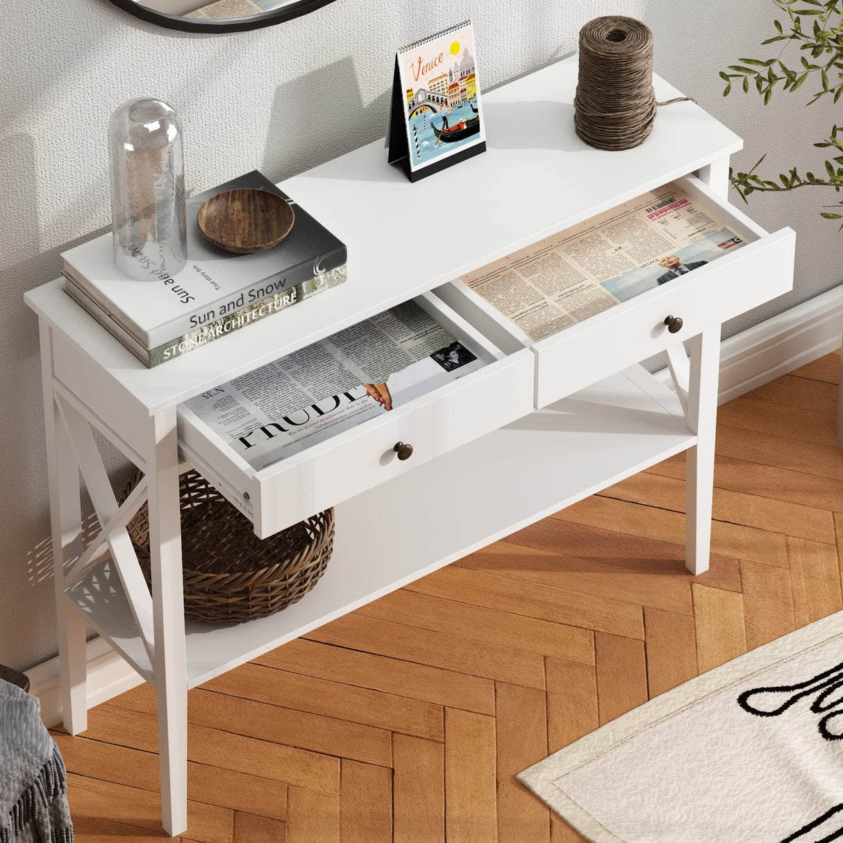 ChooChoo Console Table with Drawers, Narrow Wood Accent Sofa Table Entryway Table with Storage Shelf for Entryway, Front Hall, Hallway, Living Room, White ChooChoo
