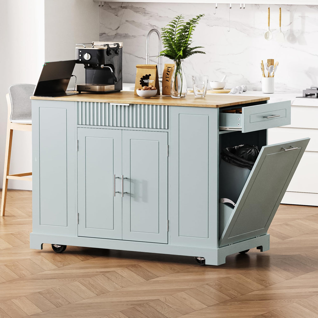 Ball & Cast Fluted Kitchen Island with Trash Can Storage Cabinet,Power Outlet,Internal Storage Rack,Rolling Kitchen Islands On 5 Wheels W/3 Drawer&3 Open Side Racks for 10 Gallon Garbage Bin,Grey Blue Ball & Cast