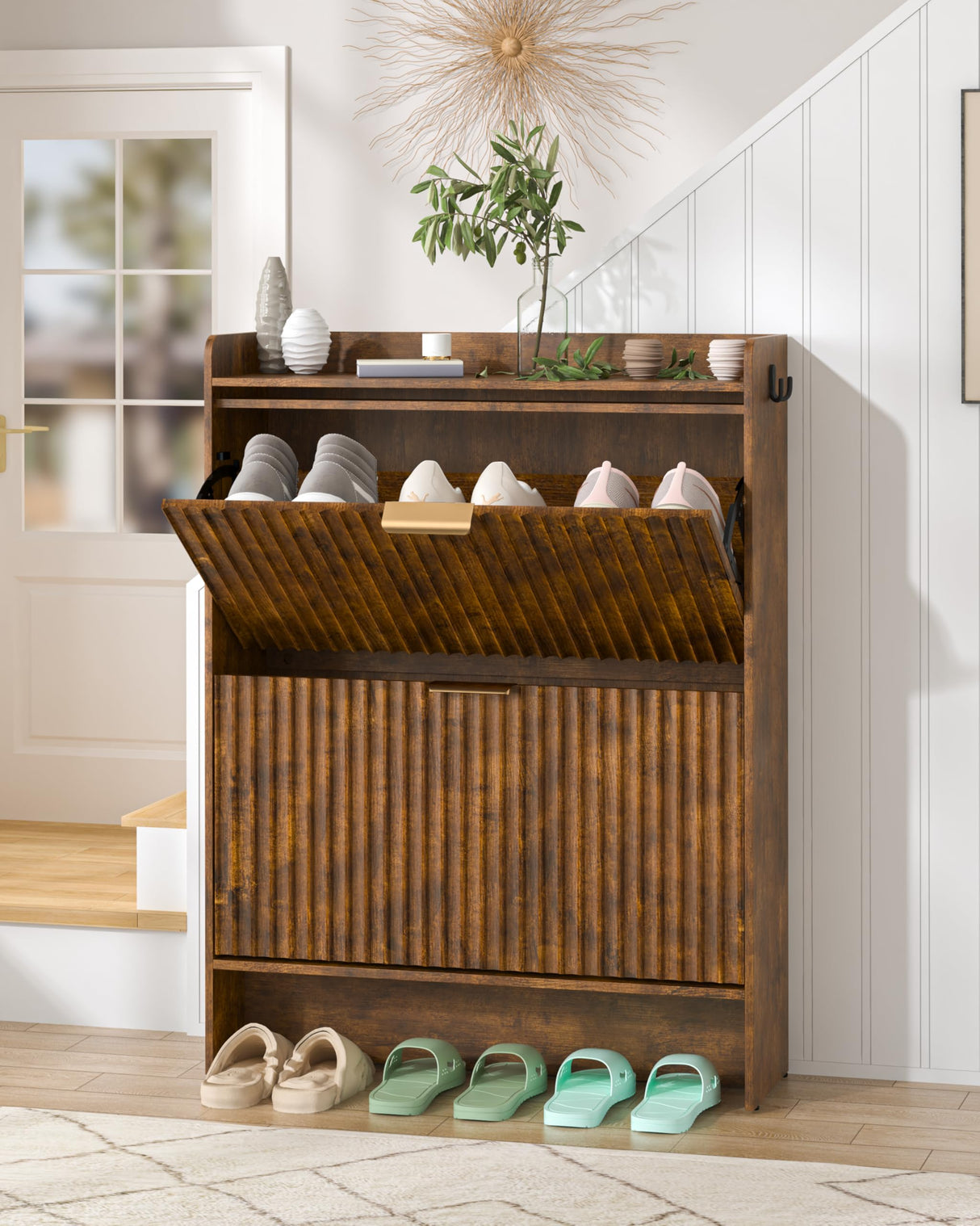 Piskyet Shoe Storage Cabinet with 2 Flip Drawers, Morden Fluted Narrow Shoes Rack Organizer Cabinet for Entryway with Anti-tilt Device,Hidden Handles,Rustic Brown Piskyet