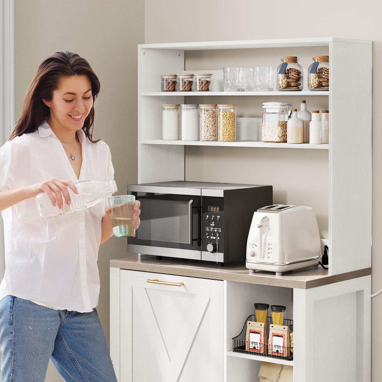 DWVO Bakers Rack Microwave Stand Cabinet with Trash Can Bin Cabinet and Power Outlet 6-Tiers Farmhouse Kitchen Tall Thickened Coffee Bar Table Station with Storage Shelf, White DWVO