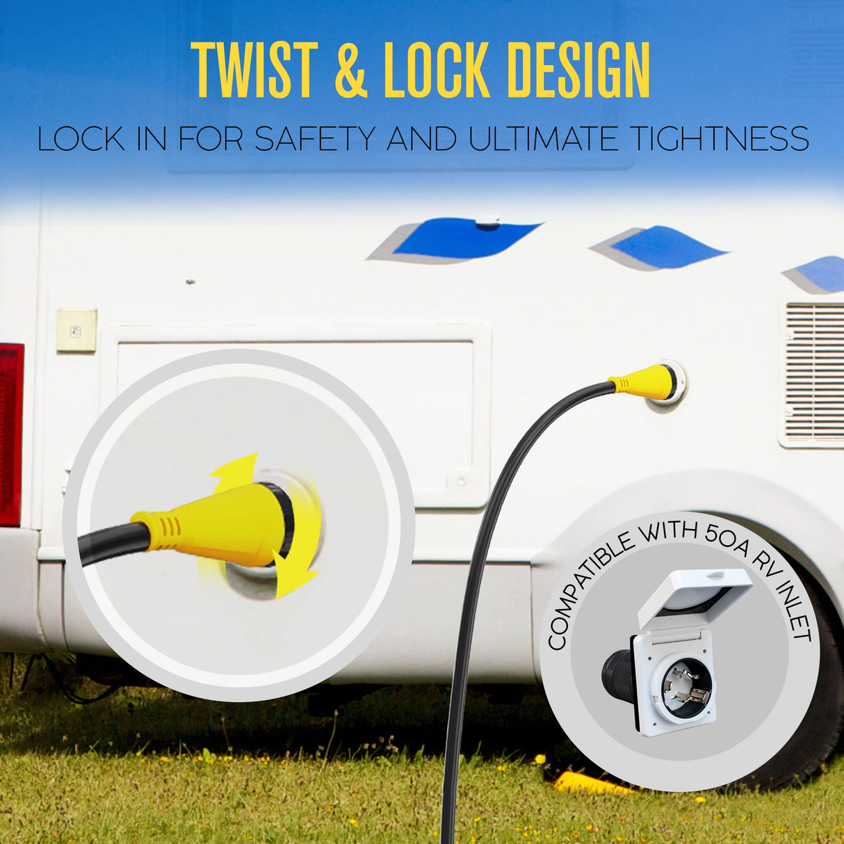 Houseables 50 Amp RV Extension Cord, Power Cords, 30 Ft Long, 1 Pack, Black, Yellow, SS2-50R Female Adaptor, 14-50P Male Plug, 50A Compatible, PVC, STW, w/Handle, for Camper, Motorhome, UL Certified Houseables