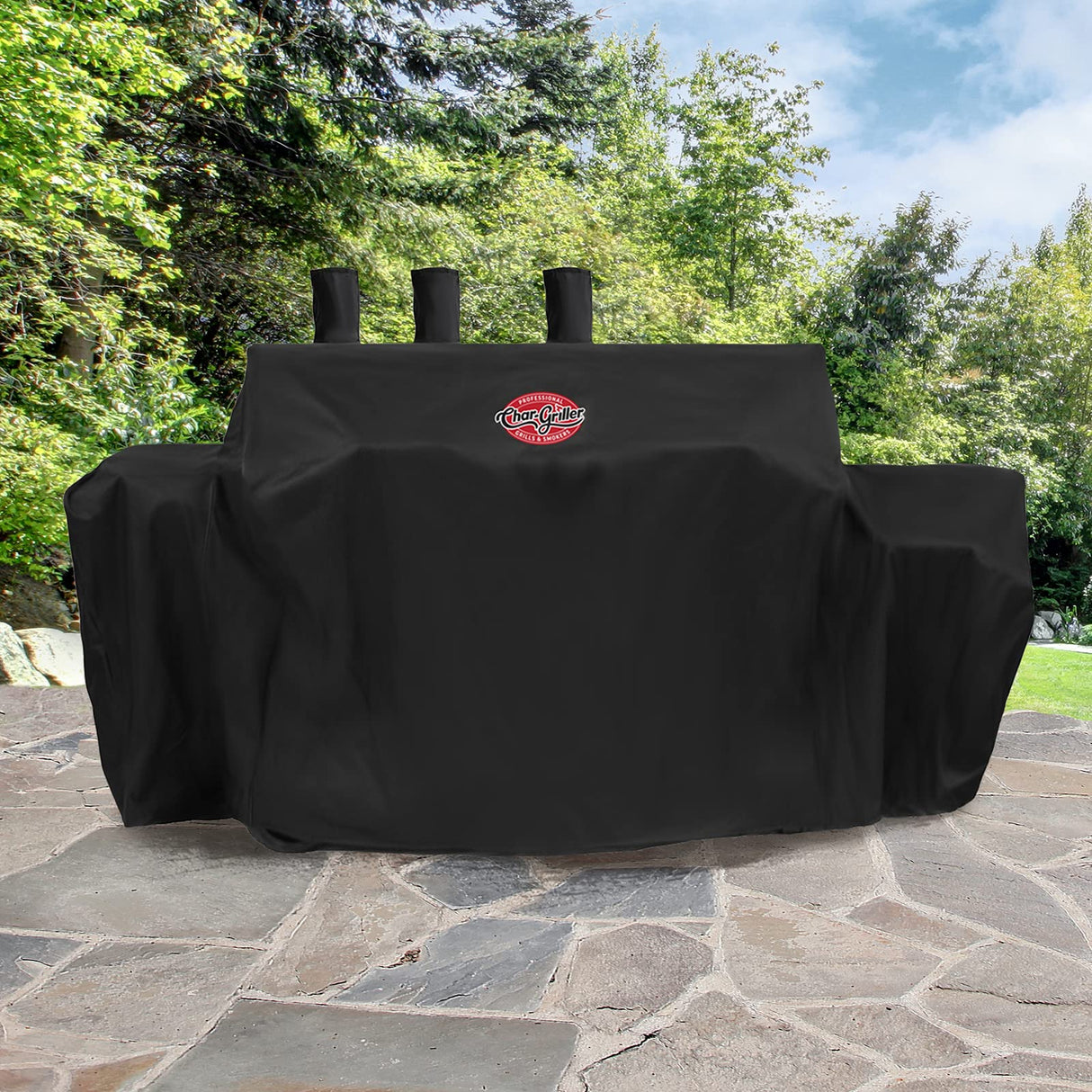 Char-Griller® 3-Burner Dual Fuel Expandable Propane Gas and Charcoal Outdoor Polyester Grill and Smoker Cover in Black, 29in x 65in x 49in, Model 8080 Char-Griller