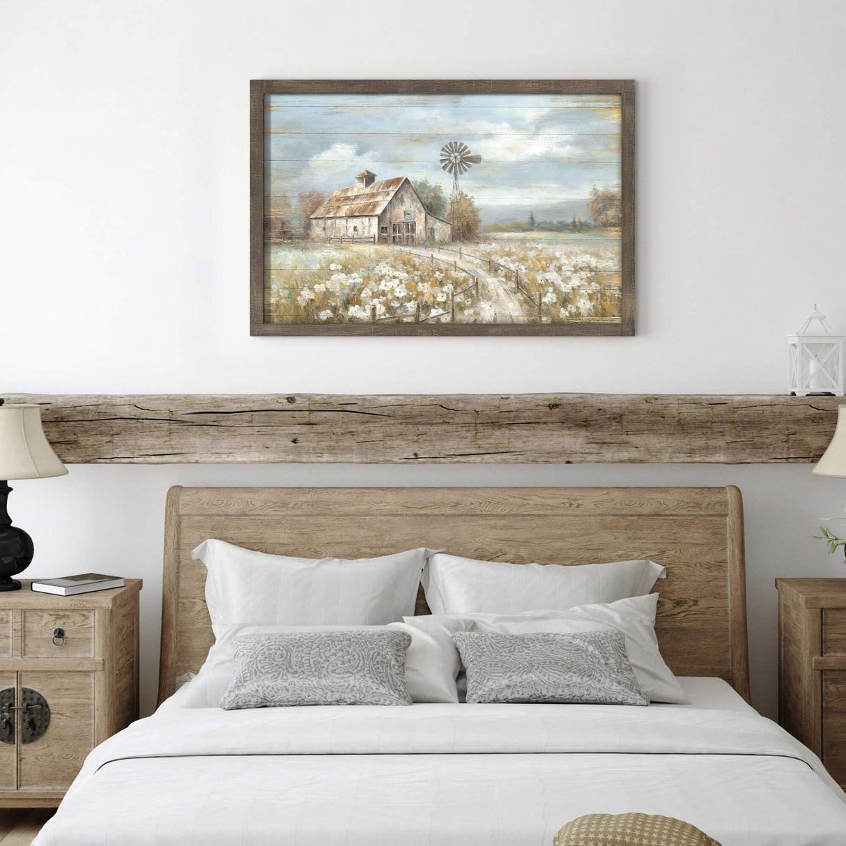 Barn Framed Wall Art Decor: Rustic Farmhouse Wooden Picture Countryside Windmill Meadow Painting Blue Sky and Wild Flowers Prints Artwork for Bedroom Kitchen 36'' x 24'' cozy country