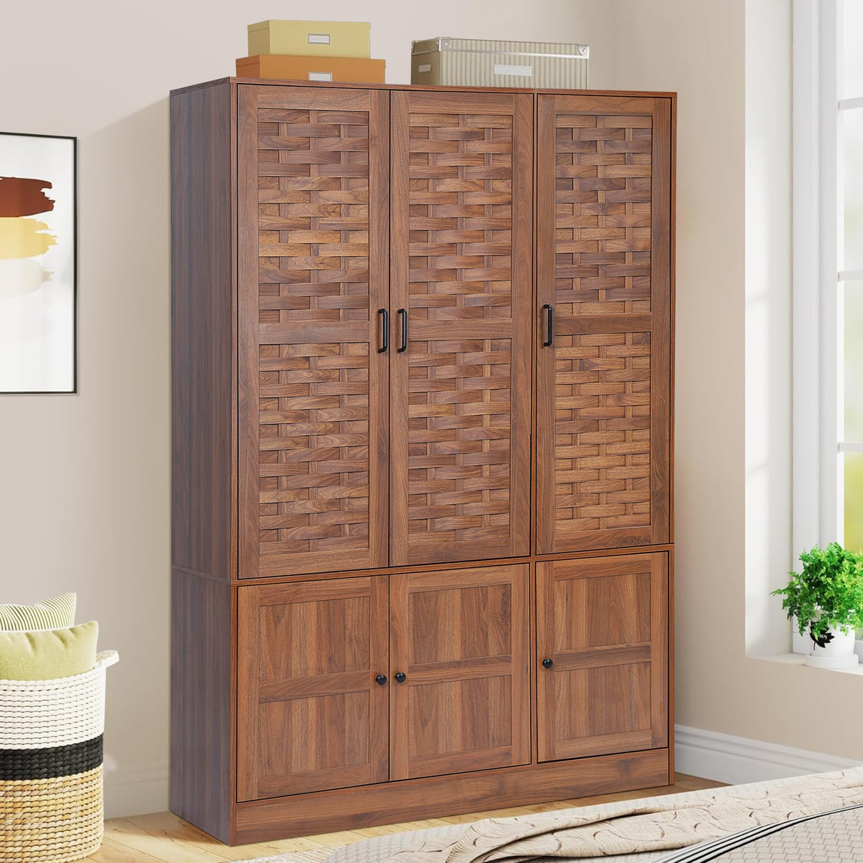 LEVNARY Wardrobe Closet with 6 Woven Doors, Walnut Armoire Wardrobe Cabinet for High Storage Capacity with Adjustable Shelves and Hanging Rail, Freestanding Tall Bedroom Closet (Walnut) LEVNARY