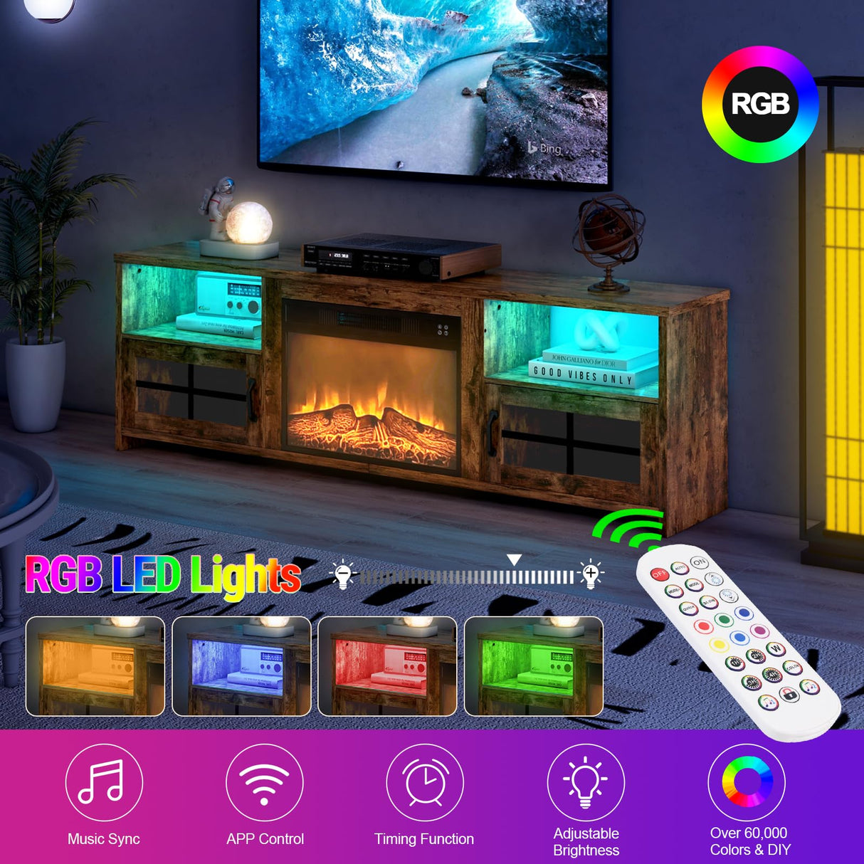 Livofloral Fireplace TV Stand for 75 Inch TV with LED Lights, Entertainment Center with 23” Electric Fireplace, LED TV Console Table with Open Storage Shelves & Cabinets for Living Room, Brown Livofloral