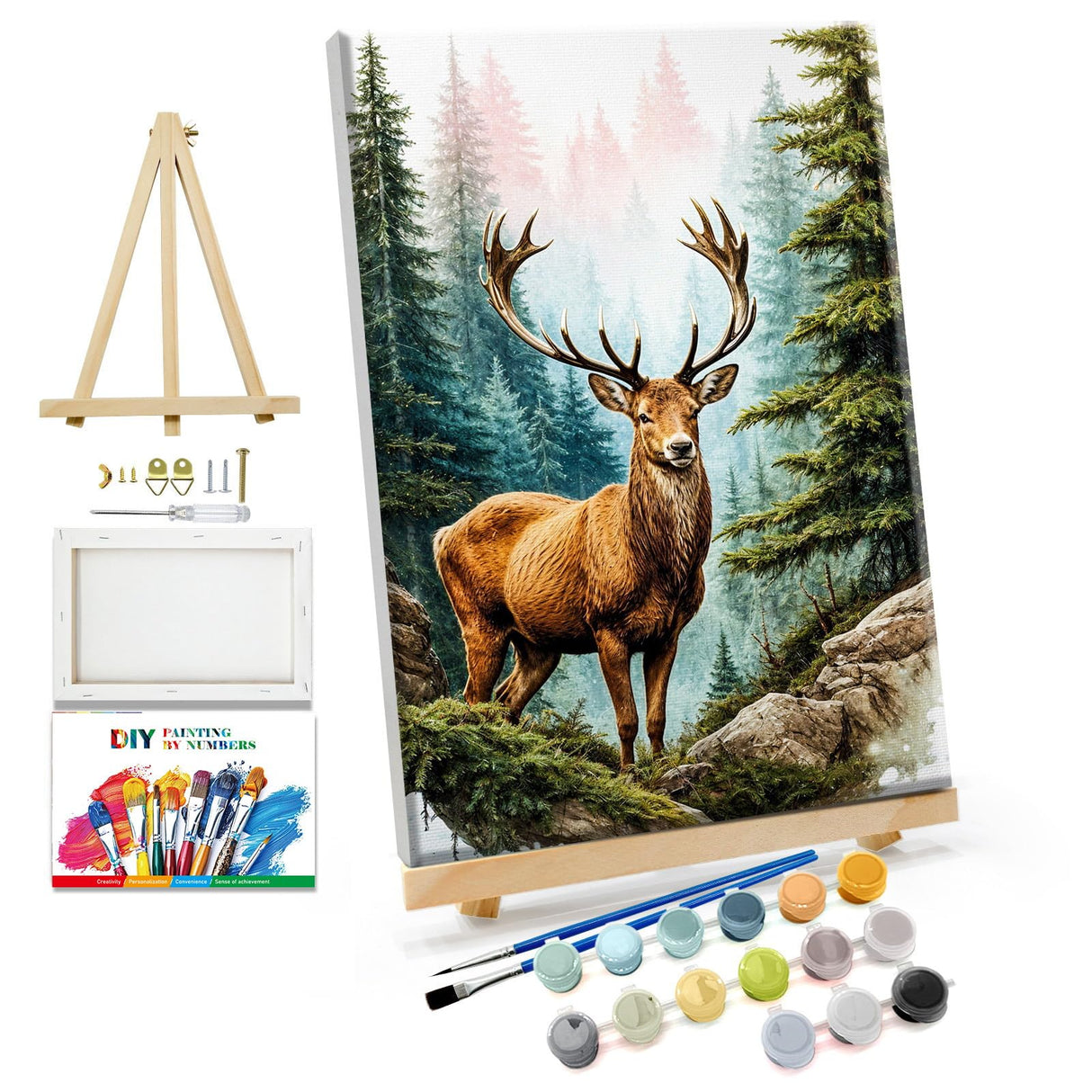 JOOZ Paint by Numbers Kit for Adults with Frame Deer Paint by Number with Easel Forest Adult Paint by Number Kits Framed DIY Mountain Landscape Oil Painting Kits for Gift Home Wall Decor 8x12 Inch JOOZ