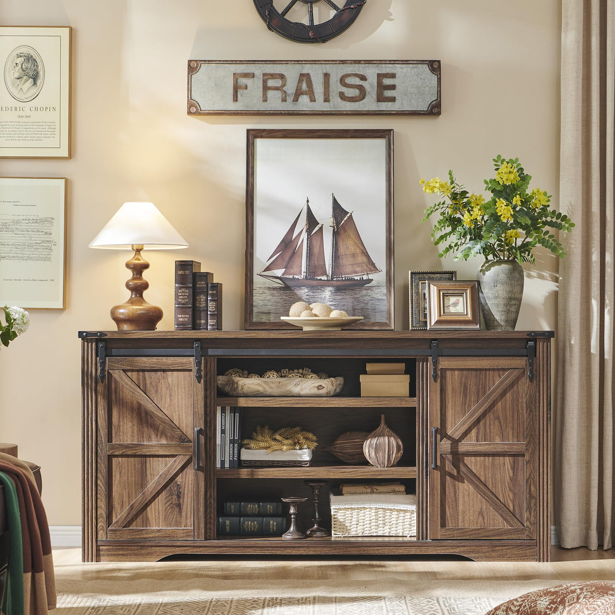 JXQTLINGMU Farmhouse TV Stand for 75+ Inch TV, 32" Tall Entertainment Center w/4 Drawers & Sliding Barn Door, Rustic Media Console w/Storage Shelves, 66" Wood Television Stand for Living Room, Brown JXQTLINGMU