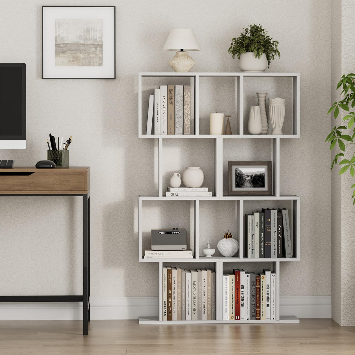 Homhedy 4-Tier Bookshelf, S-Shaped Geometric Bookcase, Modern Display Standing Shelf Unit for Living Room, Bedroom, Free Standing Storage Rack for Home Office, White Homhedy