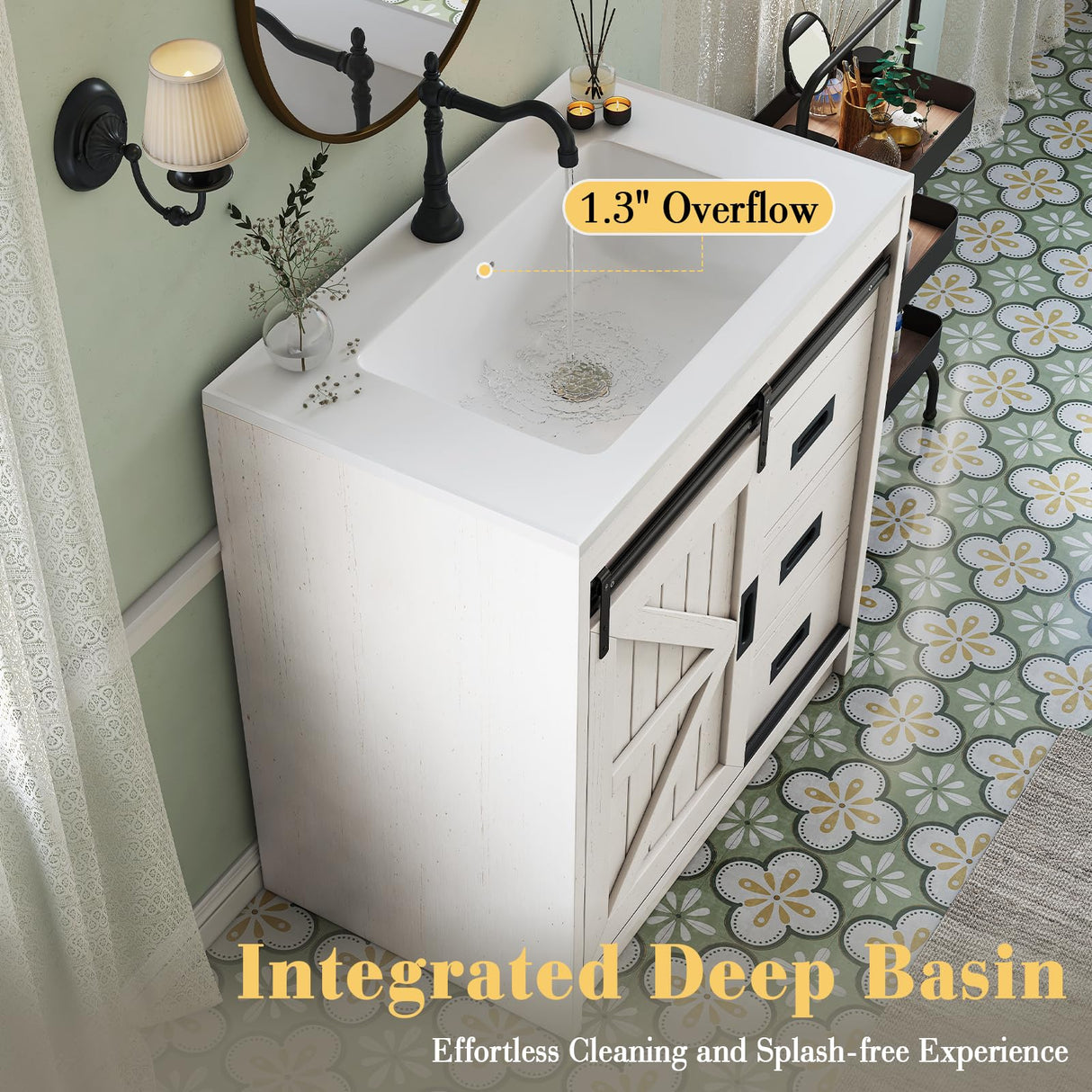 LUXOAK 31" Farmhouse Sliding Barn Door Bathroom Vanity with Sink Combo, Bathroom Vanity Cabinet with Drawers & Metal Handles, Freestanding, Distressed White LUXOAK