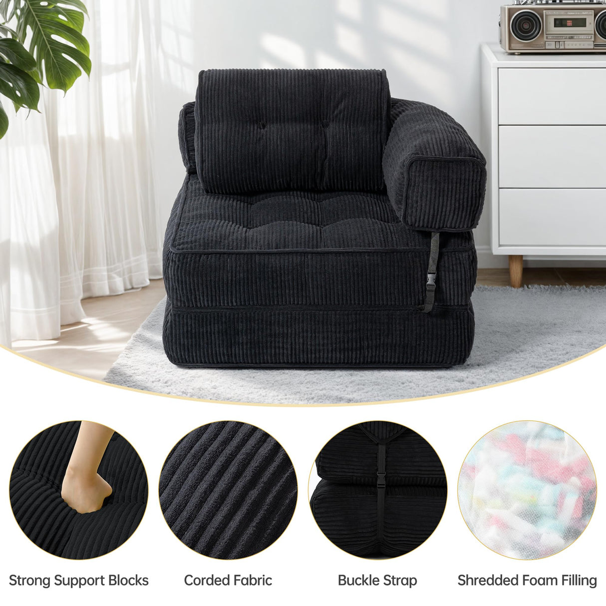 Airynee Convertible Folding Sofa Bed, L- Shaped Sleeper Chair Bed with Armrest and Pillow, Fold Out Sleeper Sofa, Comfortable Floor Couch for Small Spaces/Living Room/Bedroom, Single, Black Airynee