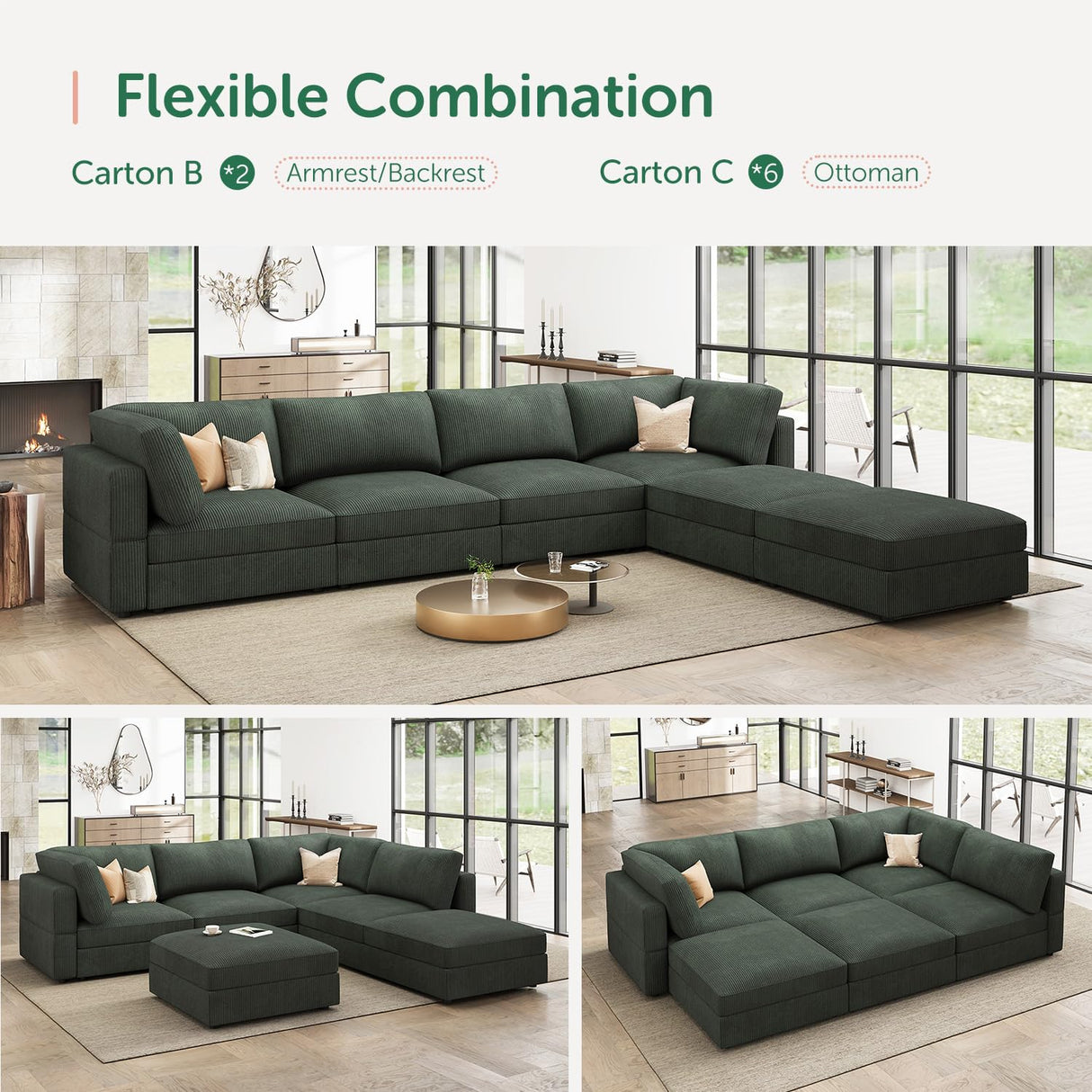 HONBAY Modular Sectional Couch with Storage Corduroy Sectional Sofa with Chaise U Shaped Sectional Couches for Living Room,Green HONBAY
